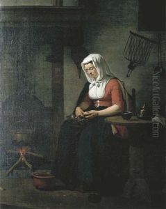 A Woman Seated In A Kitchen Pealing Apples