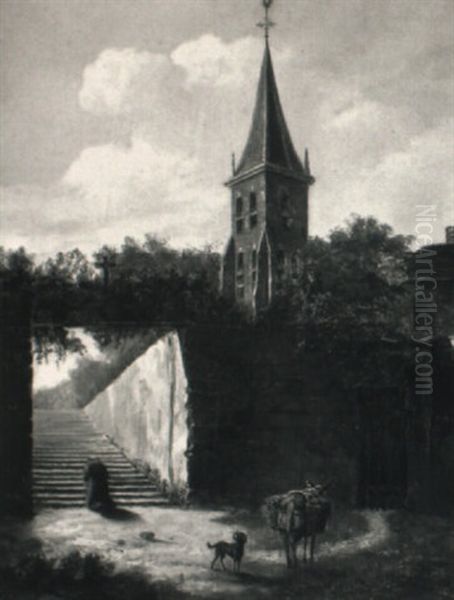 A Priest Kneeling In A Courtyard By A Church - view 1