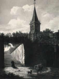 A Priest Kneeling In A Courtyard By A Church