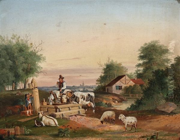 Evening Landscape With Animals At The Well - view 1