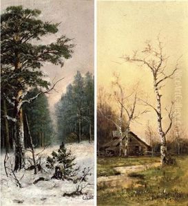 A Woodland Barn (+ Winter Woodland; Pair) by Vasili Yefimovich Ekgorst