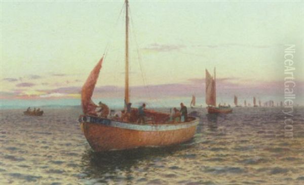 En Flade Af Fiskerbade Pa Havet, Tidlig Morgen - view 1
