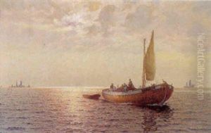 Fiskerbad Pa Havet Ved Solnedgang by Emil Gotthard Ekman