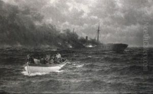 Marinmotiv Med Fartyg I Brand Marinmotiv Med Fartyg I Brand