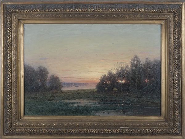 Solnedgang Vid Vattendrag Med Bebyggelse, Batar Och Figurer - view 1
