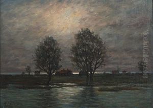 Kringflutet Olandskt Landskap Med Hus, Kyrka Och Trad by Per Ekstroem
