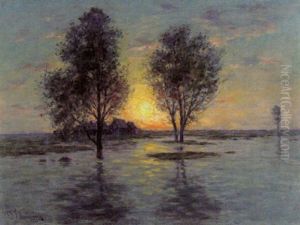 Olandskt Landskap I Solnedgang