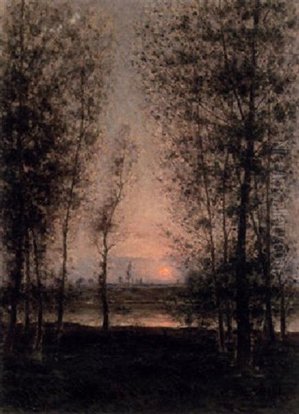 Morgonsol Mellan Traden - Franskt Flodlandskap Med Roddbat - view 1