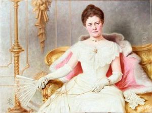 Interior With An Elegant Woman In A White Evening Dress, Long White Gloves And A Fan In Her Hand