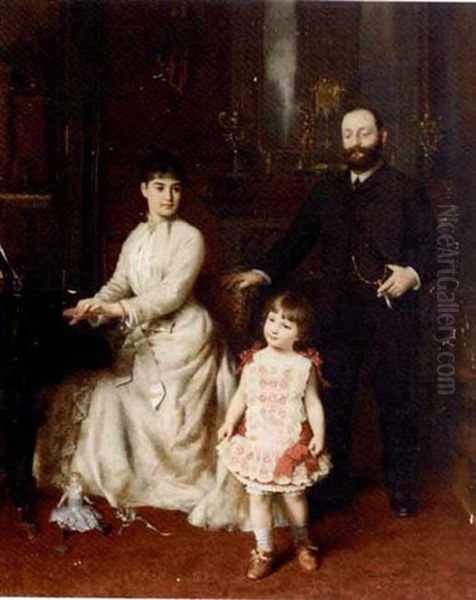 Portrait Of A Gentleman And His Wife With Their Young Child In An Interior - view 1