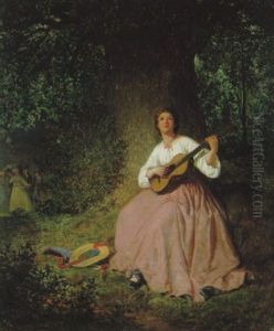 Kvinna Med Gitarr I Sommarlandskap