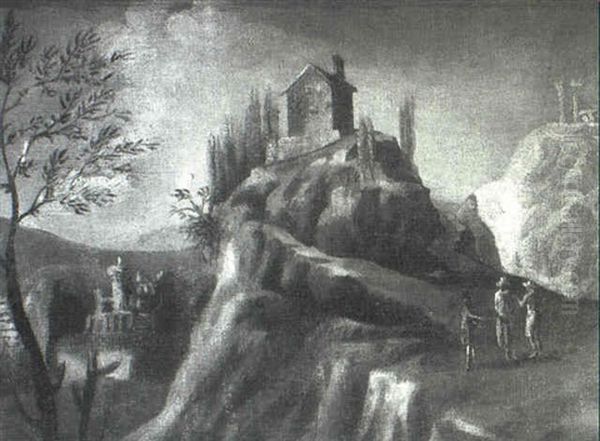 A Mountainous Landscape With A Villa Atop A Hill And Three  Men Ascending A Path - view 1