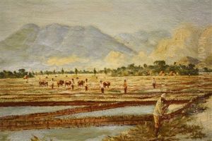 Indonesisch Landschap Met Rijstvelden En Bergen by Arthur Eland