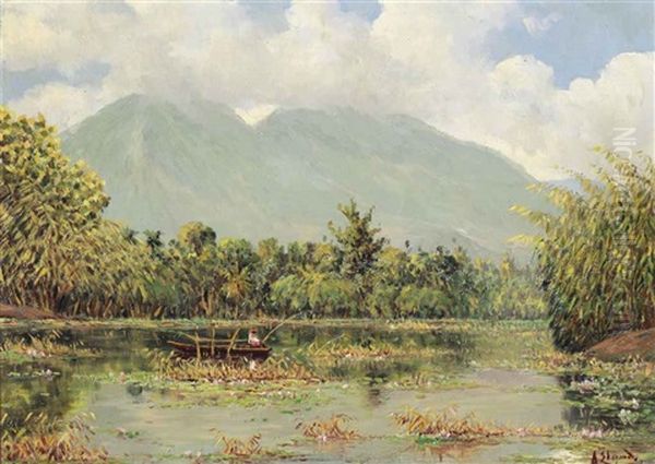Indonesian Landscape With A Fisherman In A Boat - view 1