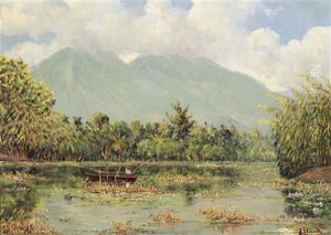 Indonesian Landscape With A Fisherman In A Boat by Cornelis Robrecht Arthur (A.) Eland
