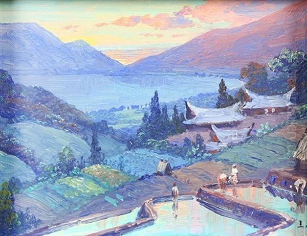 Terraced Fields With Sunset Over A Mountain Lake - view 1