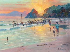Coastal Scene At Evening Dawn by Leo Eland
