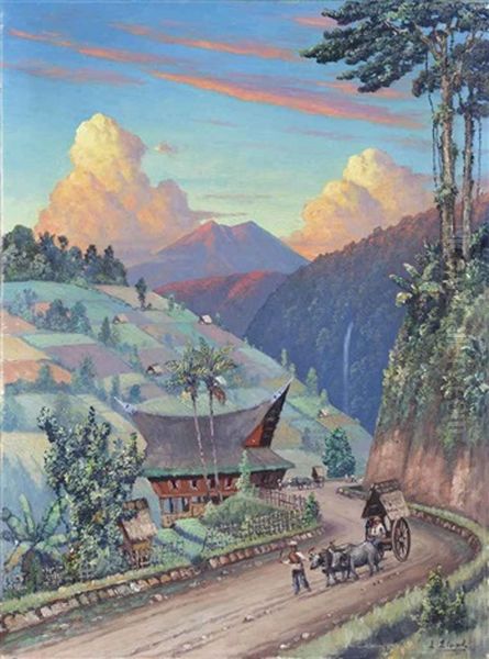 Indonesian Villagers Passing A Batak House - view 1