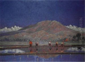 Five People Working In A Rice Field by Leo Eland
