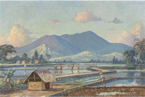 Indonesian Landscape With People Working In The Sawahs - view 1