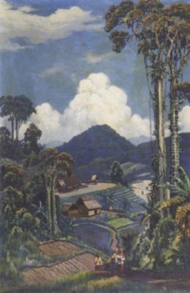 Indonesian Landscape With Figures, Ox-carts In The Distance - view 1