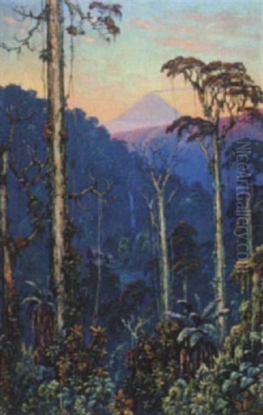 Indonesian Huts Below A Waterfall And Distant Volcano - view 1