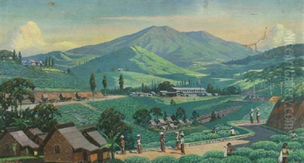 A View Of A Tea Plantation With Figures Harvesting, Java - view 1