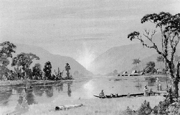 Figures Near A Lake At Sunset - view 1