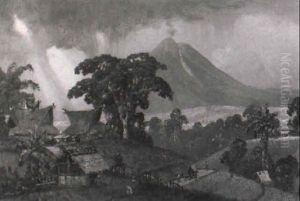 Village In A Hilly Landscape With A Smoking Volcano In The Distance by Leo Eland