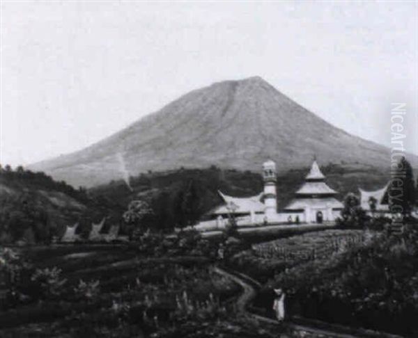 Figures On A Road, Mount Singfalang In The Background, Sumatra - view 1