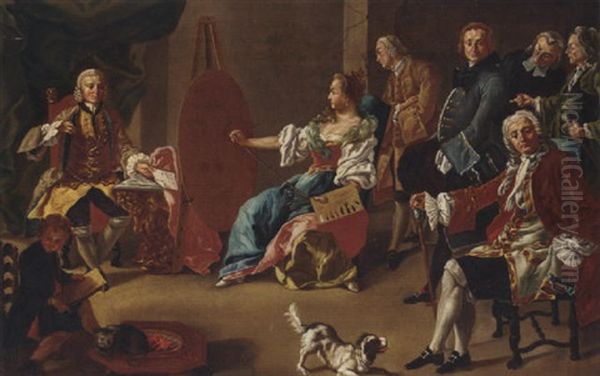 Elegant Company In An Interior With A Gentleman Sitting For His Portrait - view 1