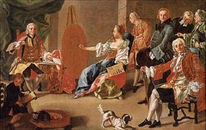 An Allegory Of Painting: An Elegant Company In An Interior With A Gentleman Sitting For His Portrait by Alessio d' Elia
