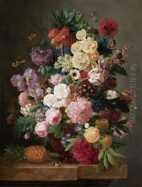 A Sumptuous Flower Still Life With A Crown Imperial, Poppy Anemones, Irises, Tulips, Auricular, Morning Glory And Other Flowers In A Stoneware Vase, Together With Butterflies And A Pineapple On A Marble Ledge - view 1