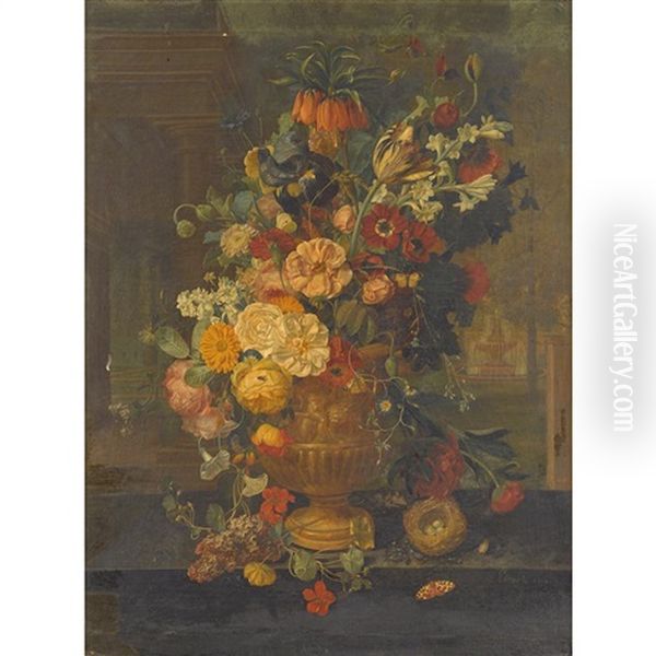 Still Life Of Mixed Flowers In An Urn With Birds Nest, Mouse, And Butterfly On A Ledge - view 1