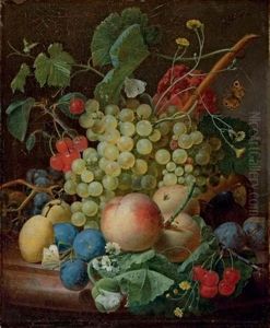 Grapes, Cherries, Peaches, Greengages, Plums, Daisies And A Butterfly On A Marble Ledge