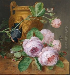 Stillleben Mit Rosen, Einem Dompfaff Uber Dem Vogelnest, Einer Ornamental Verzierten Tonvase, Zwei Schmetterlingen Und Einer Fliege
