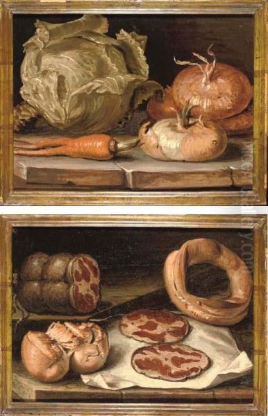 Onions, A Cabbage And A Carrot On A Stone Ledge - view 1