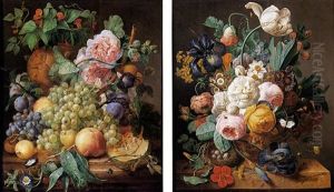 Nature Morte De Melon, Raisins Et Pivoines Sur Un Entablement De Marbre by Jean-Francois Eliaerts