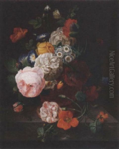 Roses, Peonies, Morning Glories And Other Flowers In An Urn On A Ledge - view 1