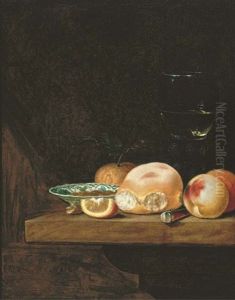 A Bread Roll, Peaches, An Orange, A Lemon Segment, A Porcelain Dish With Nuts, A Knife And A Roemer On A Ledge