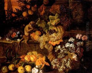Stilleben Mit Blumen, Fruchten Und Einem Affchen by Pieter Janssens Elinga