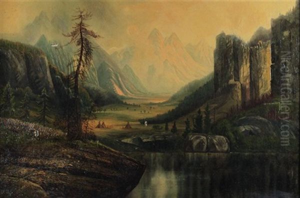 Western Landscape With Native American Settlement - view 1