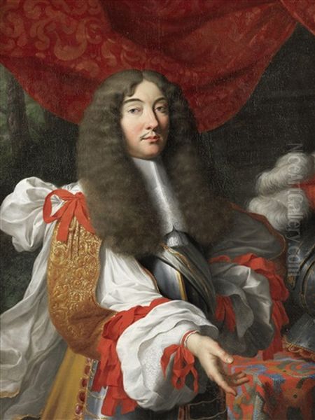 Portrait Of A Gentleman, Half-length, In A Gold Tunic Adorned With Red Ribbons, Standing Beside His Helmet - view 1