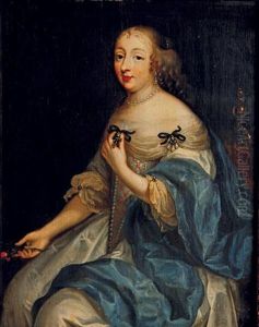 Portrait D'une Femme De Qualite Aux Yeux Bleus, Assise, Presentant Une Croix Nouee A Son Corsage, Des Roses Dans Sa Main Droite