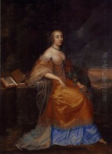 Portrait Of Anne De La Vigne As Calliope In An Orange And Blue Embroidered Dress, Seated, With Laurel Crowns Around Her Arm by Louis Ferdinand Elle the Elder