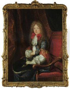 Portrait Of Philippe D'orleans, Duc De Chartres, Wearing A Long Wig, Embroidered Coat, A White Glove And Holding A Hat, In A Draped Interior by Louis Ferdinand Elle the Elder