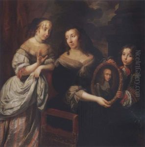 Portrait Of A Young Woman, An Older Woman And Young Boy Holding A Portrait Of A Man In Armor by Louis Ferdinand Elle the Elder