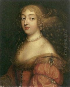Portrait Of A Lady (laura Mancini, Duchesse De Merceur?) In A Red Dress With A Pearl Necklace And Earrings