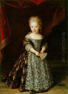Portrait Of A Young Girl Wearing An Embroidered Lace-trimmed Dress, Holding A Fan by Louis Ferdinand Elle the Younger
