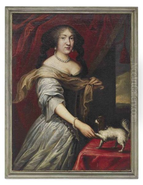 Portrait Of A Lady In A White Silk Dress, A Puppy By Her Left Hand - view 1